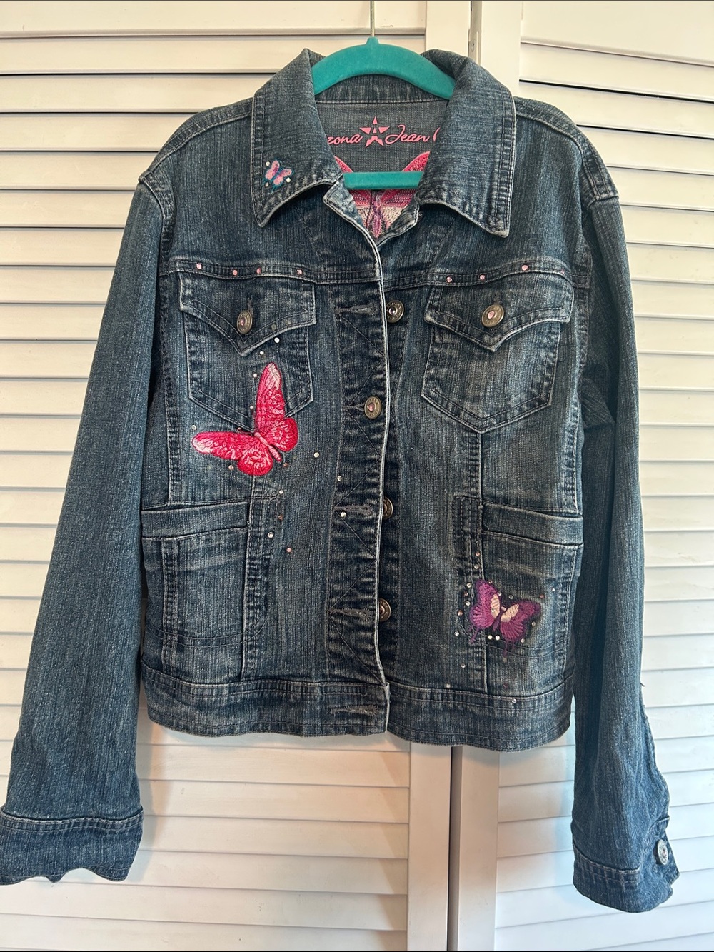 Arizona Jean Company Girls Denim Jacket with Pink & Purple Butterfly Embroidery